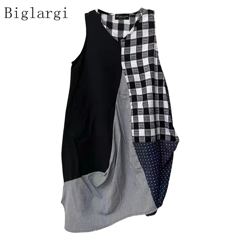 

Irregular Stripe Plaid Patchwork Summer Dress Women Casual Loose Ladeis Dresses Sleeveless Robe Femme 2022 Woman Dress Fashion