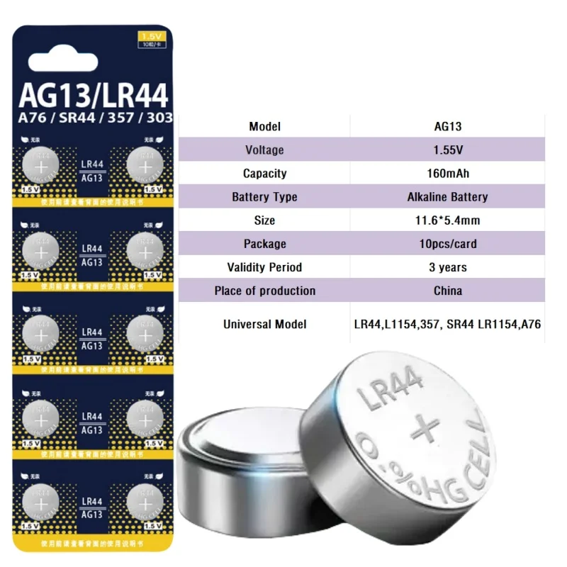 Фото 6-100 шт. AG13 LR44 A76 357A щелочная батарея типа «таблетка» 1,55 В SR44SW L1154 SP76 pila 357 303 для часов Toys No Mercury №2