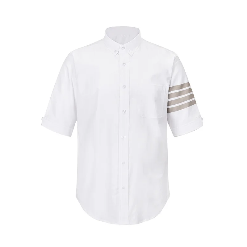 

TB THOM Shirt 4-Bar Gray Stripes Men's Clothing Summer Casual Oxford Slim Short Sleeve Korean Fashion High Quality Tops