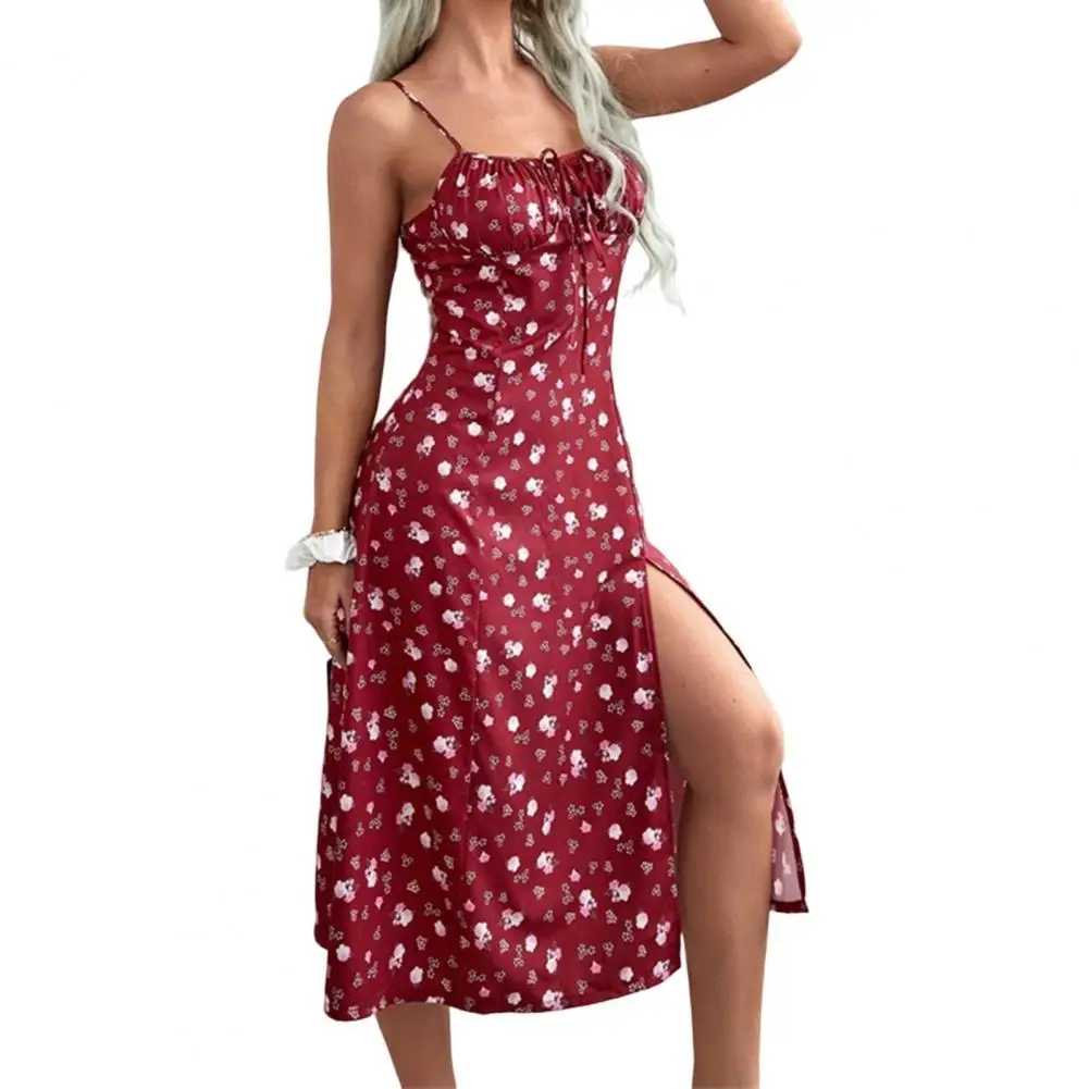 

Women Floral Spaghetti Straps Summer Dress Summer Beach Vestidos Pleated String Split Mini Dress Female Garment Streetwear 2022