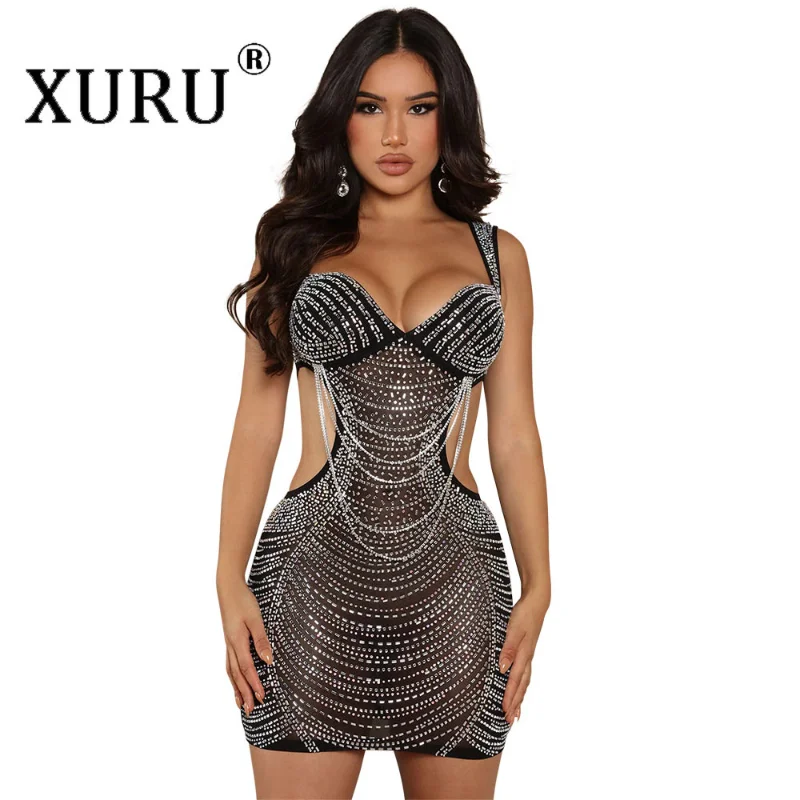 

XURU European and American New Women's Wear Hot Diamond Dress, Sexy Suspender Backless Dress, Nightclub Party Perspective Dress