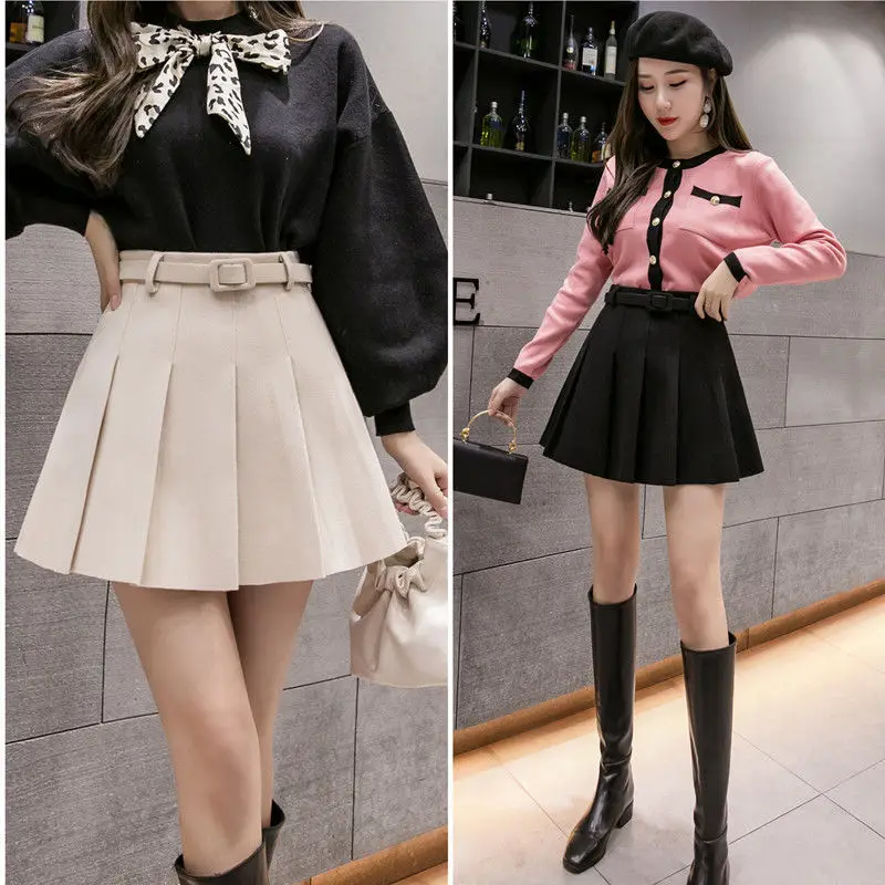 

High Skirts Faldas Woolen Women's Skirt Mulher Woman Waist with and Belt Mujer Short A- Winter line Autumn Skirt Saias Pleated A