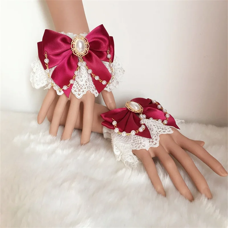 

Japanese Lolita Hand Sleeve Wrist Cuffs Sweet Ruffled Lace Multicolor Bowknot Maid Cosplay Bracelet for Wedding Party