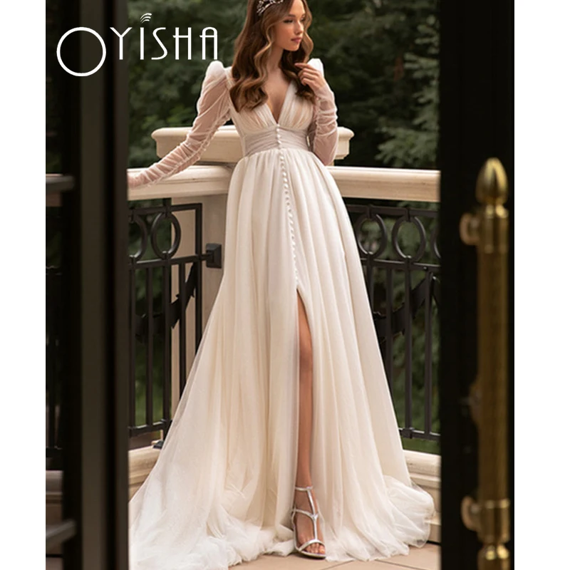 

Oyisha V-neck Wedding Dress 2023 Elegant Long Sleeve Lace Backless Appliques Illusion Button Tulle Bridal Gowns Robe De Mariée