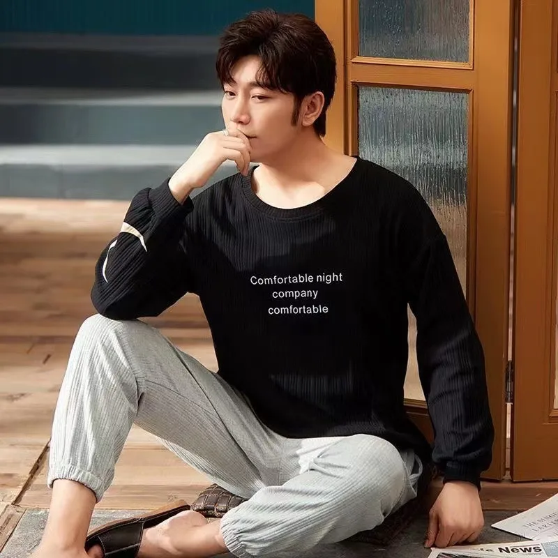 Spring Autumn Pajamas Set For Men Long Sleeve Male Round Neck 100% Cotton Pyjamas Suits Home Clothes Leisure Lounge Sleepwear