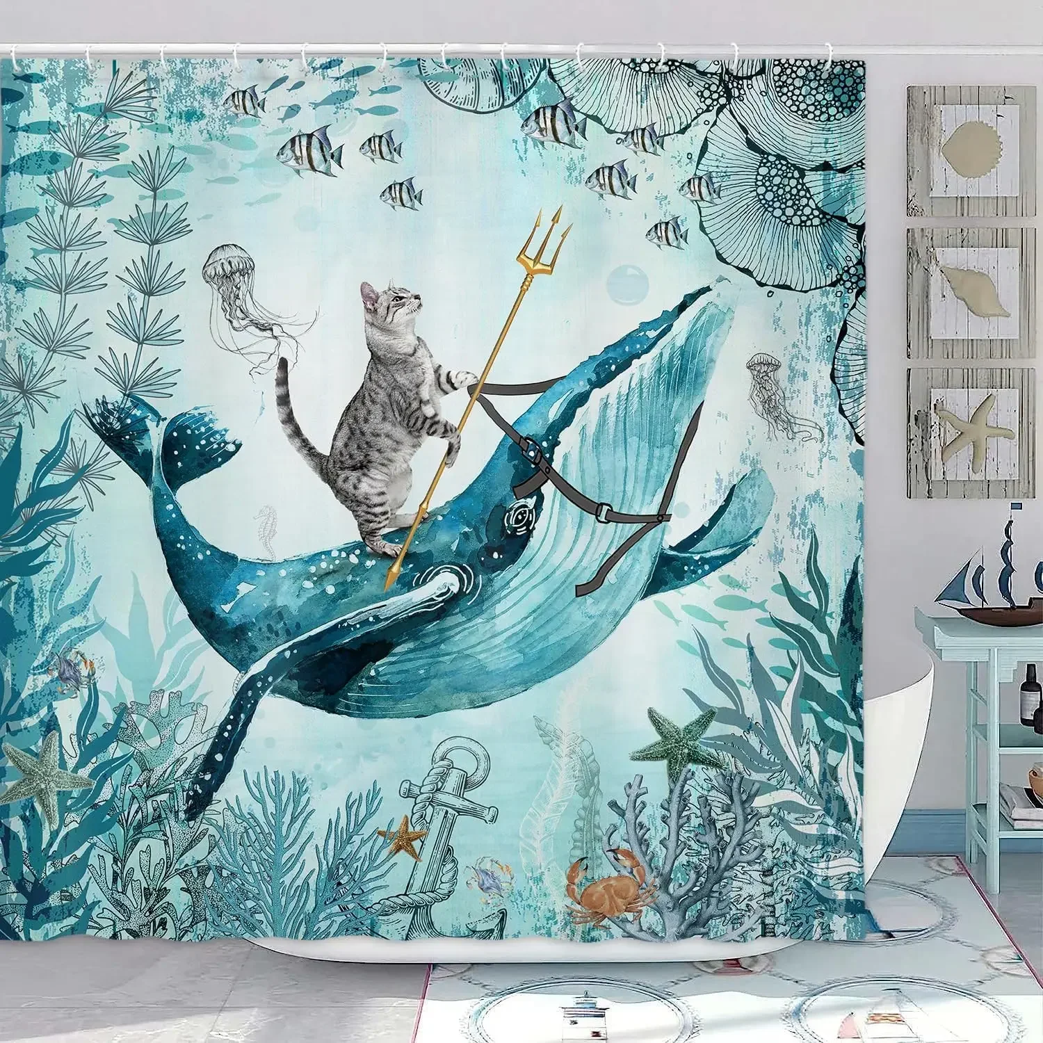 

Занавеска для душа TENVSIN с котом и динозавром