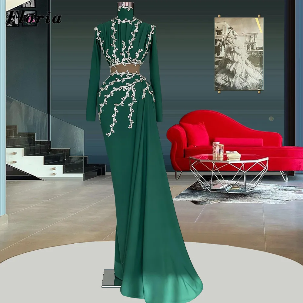 

Floria Middle East Long Sleeves Prom Dresses 2022 Couture Beaded Crystals Evening Dresses Dubai Pageant Party Gowns Custom Made