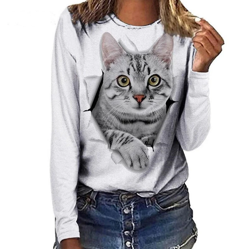 

Autumn Women T shirts Fashion Humor Funny Sweet Cartoon Cat Print Loose T shirts Tops Street Casual Long Sleeve Female Pullover