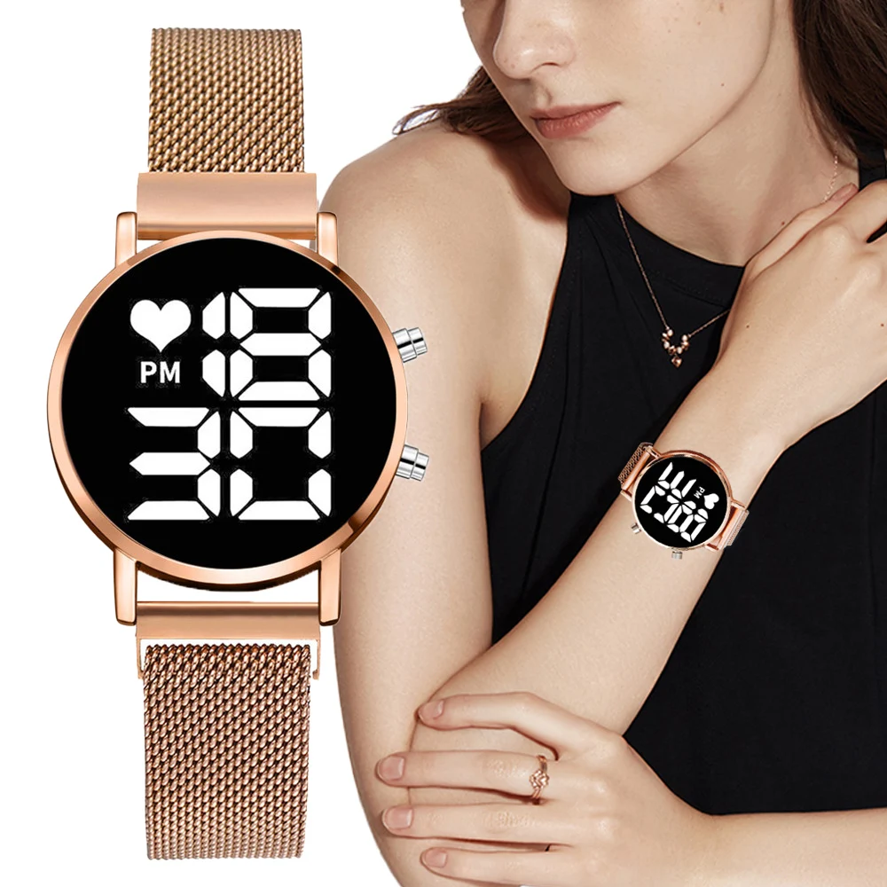 

Women Fashion Watches Rose gold LED Digital Casual Electronic magnet Watches Stainless Steel Wristwatch Ladies Watch Reloj Mujer