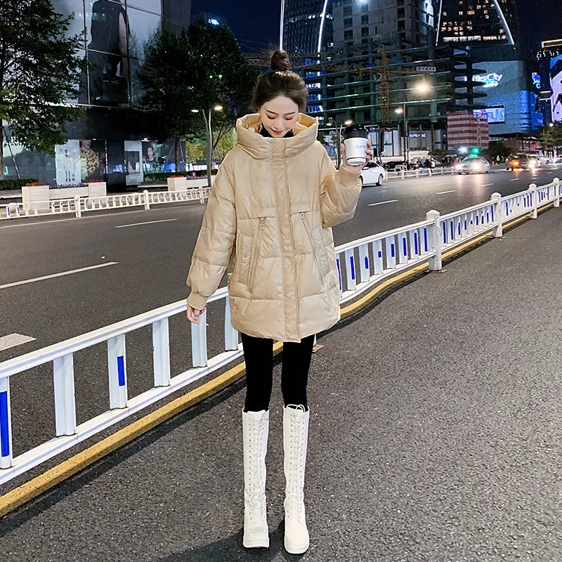 Winter Loose Glossy Down Cotton Coats Women 2023 New Solid Hooded Thicken Warm Padded Jacket Female Clothing Fashion Tops Parkas