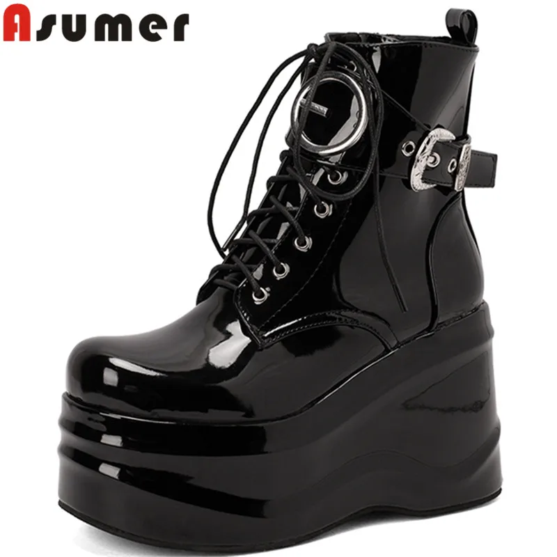 

ASUMER 2022 Size 34-44 New Arrive Pu Buckle Ankle Boots Wedges High Heels Winter Boots Woman Ladies Platform Shoes