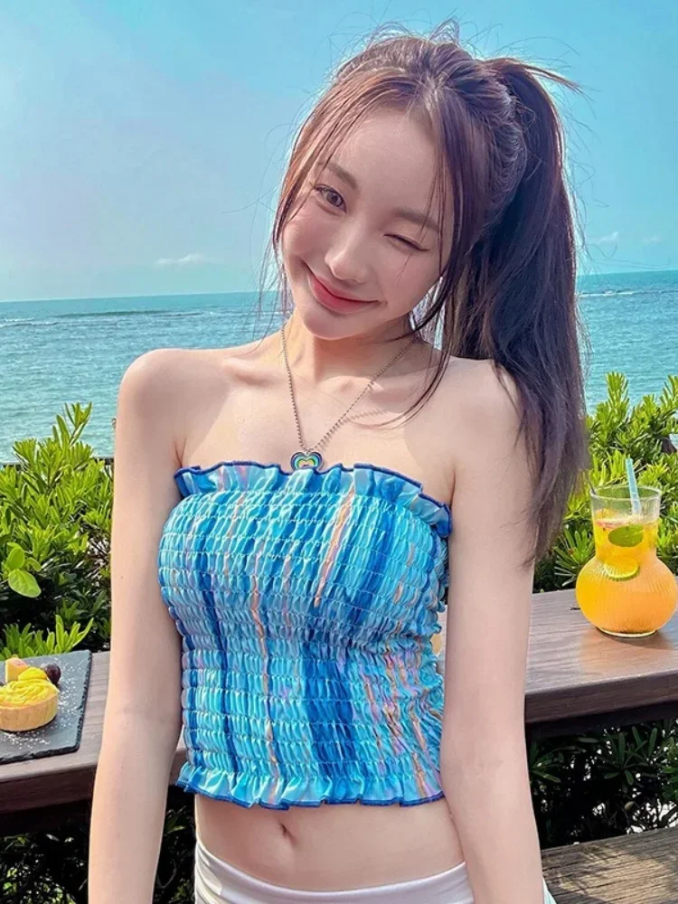 Синие повседневные тонкие топы для женщин красочный принт бюстгальтер без