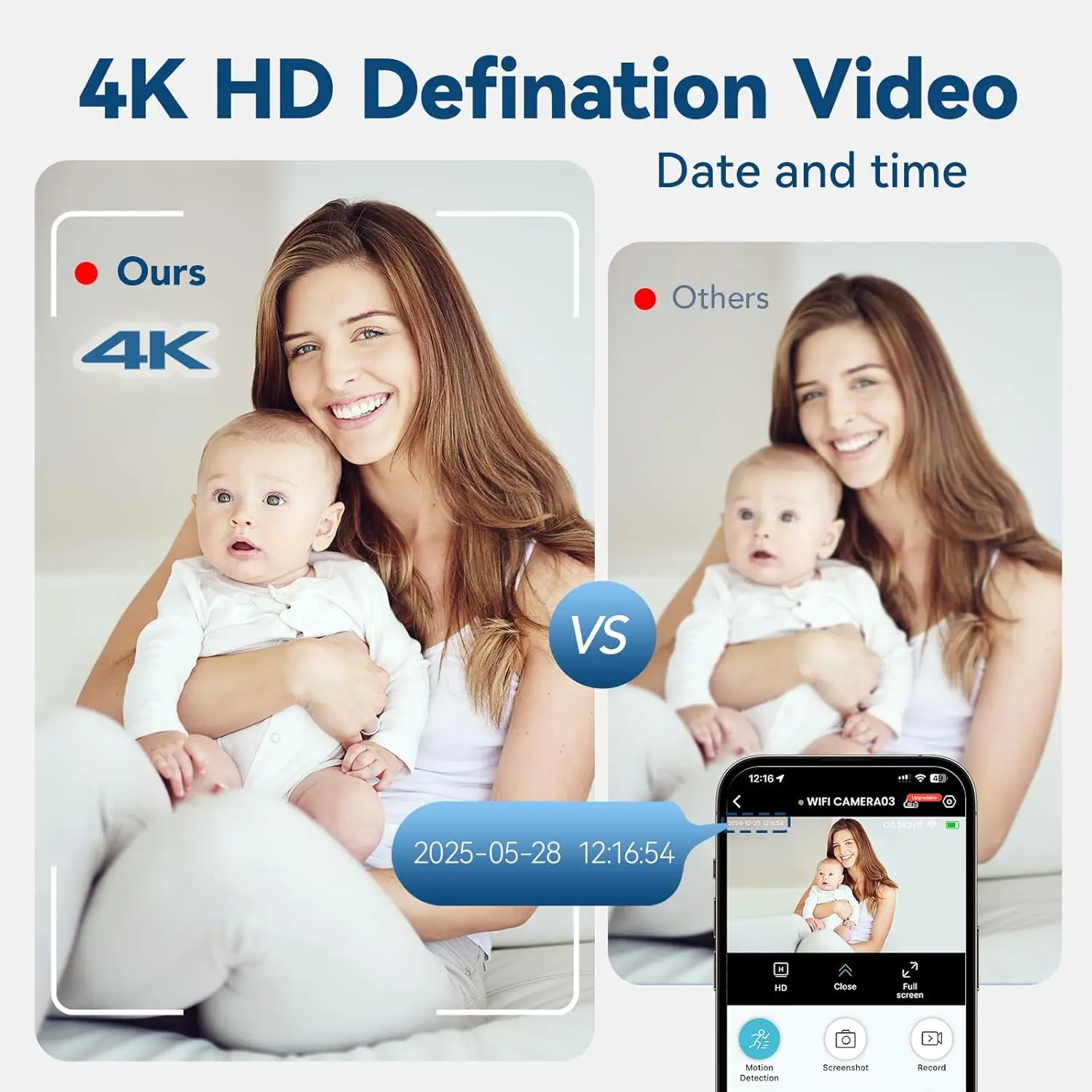 Фото 4K WiFi-камера видеонаблюдения с резервным аккумулятором, слотом для TF-карты, беспроводная внутренняя камера для дома, обнаружение движения, двусторонняя аудиосвязь, ночное видение №5