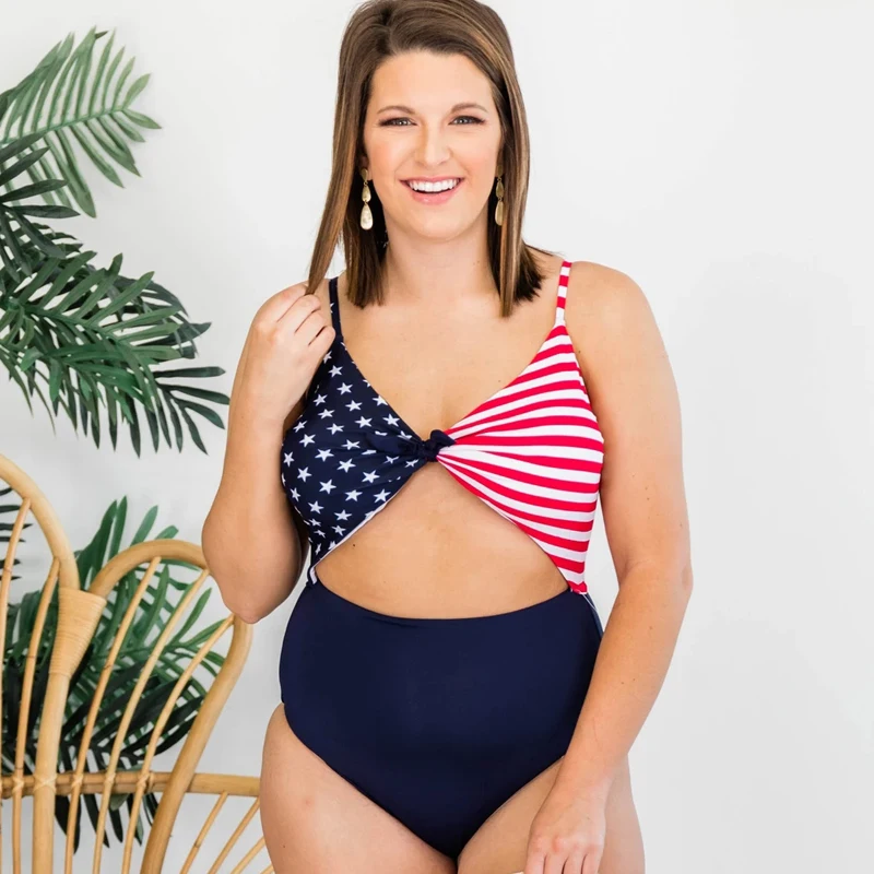 

USA Flag Bathing Suit Star Beachwear Striped Cut Out Bodysuit High Waist Monokini Sexy Swimwear One Piece Swimsuit Women Trikini