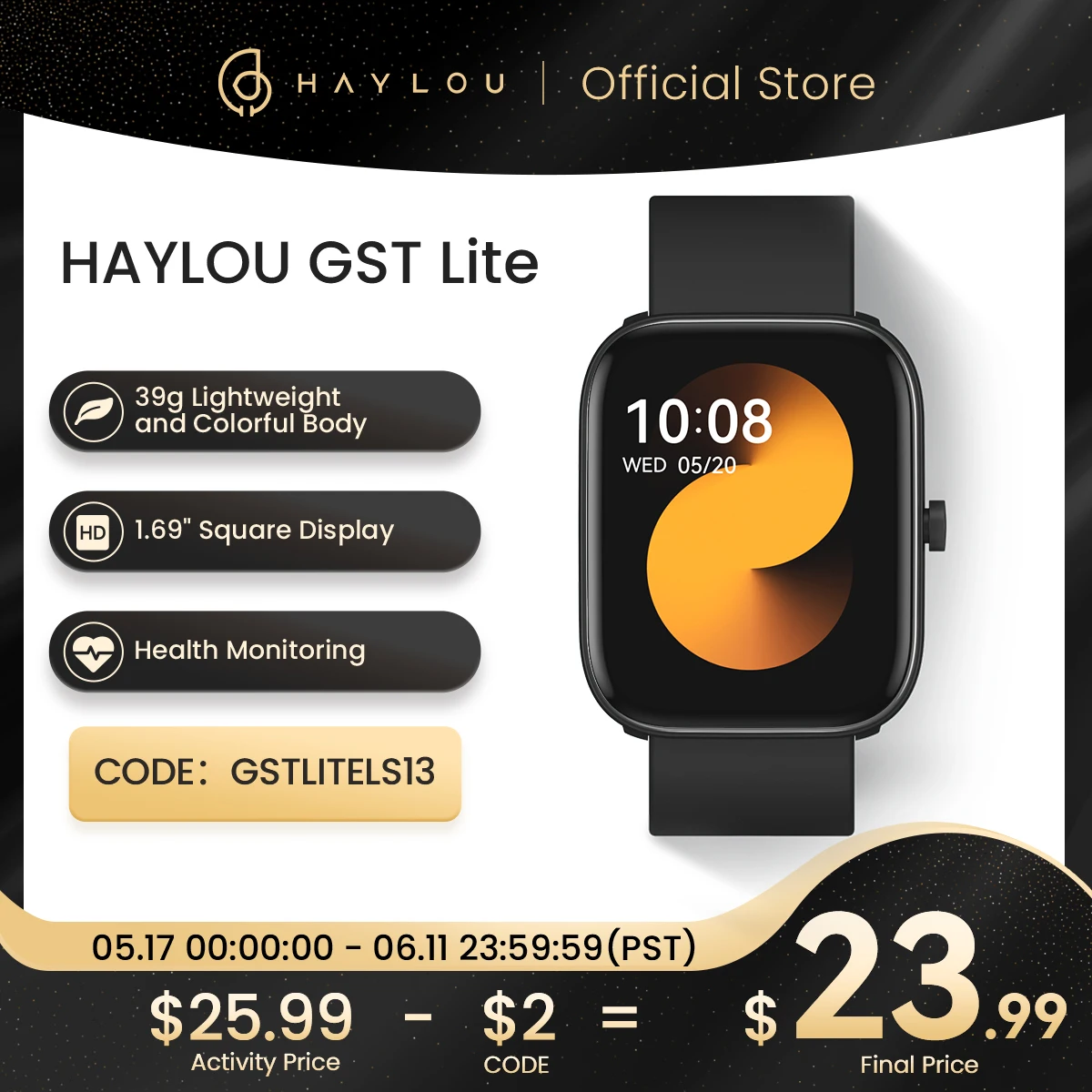 Смарт-часы HAYLOU GST Lite с большим дисплеем 1,69 дюйма, 30 спортивных режимов