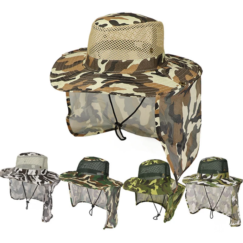 

Outdoor Camouflage Fisherman Hat Fishing Jungle Large Brim Shading Sunshade Mesh Breathable Mountaineering Hat Windproof Buckle