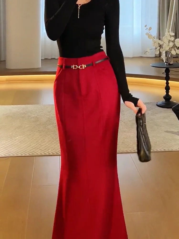 Plus Size Elegant Slim fit Red Sheath Fishtail Skirt Women Autumn New Fashionable Fashion High Waist All-Match Long dress