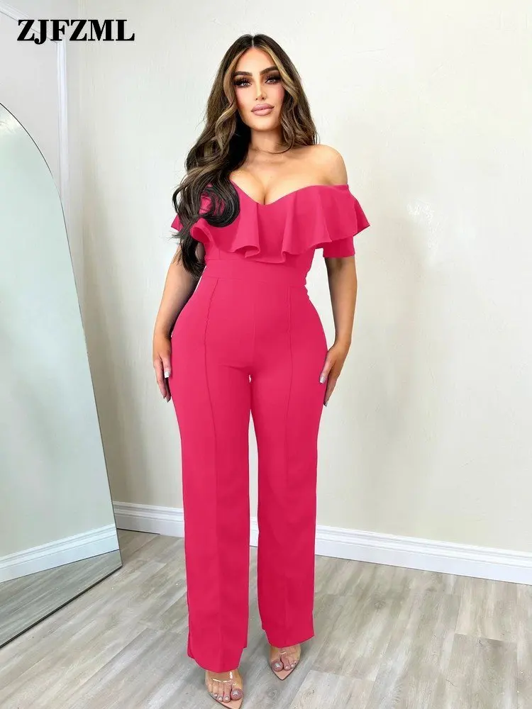 

Elegant Fashion Women's Off The Shoulder Formal Jumpsuits OL Office Ladies Ruffles Spliced Backless Business Workwear Overalls