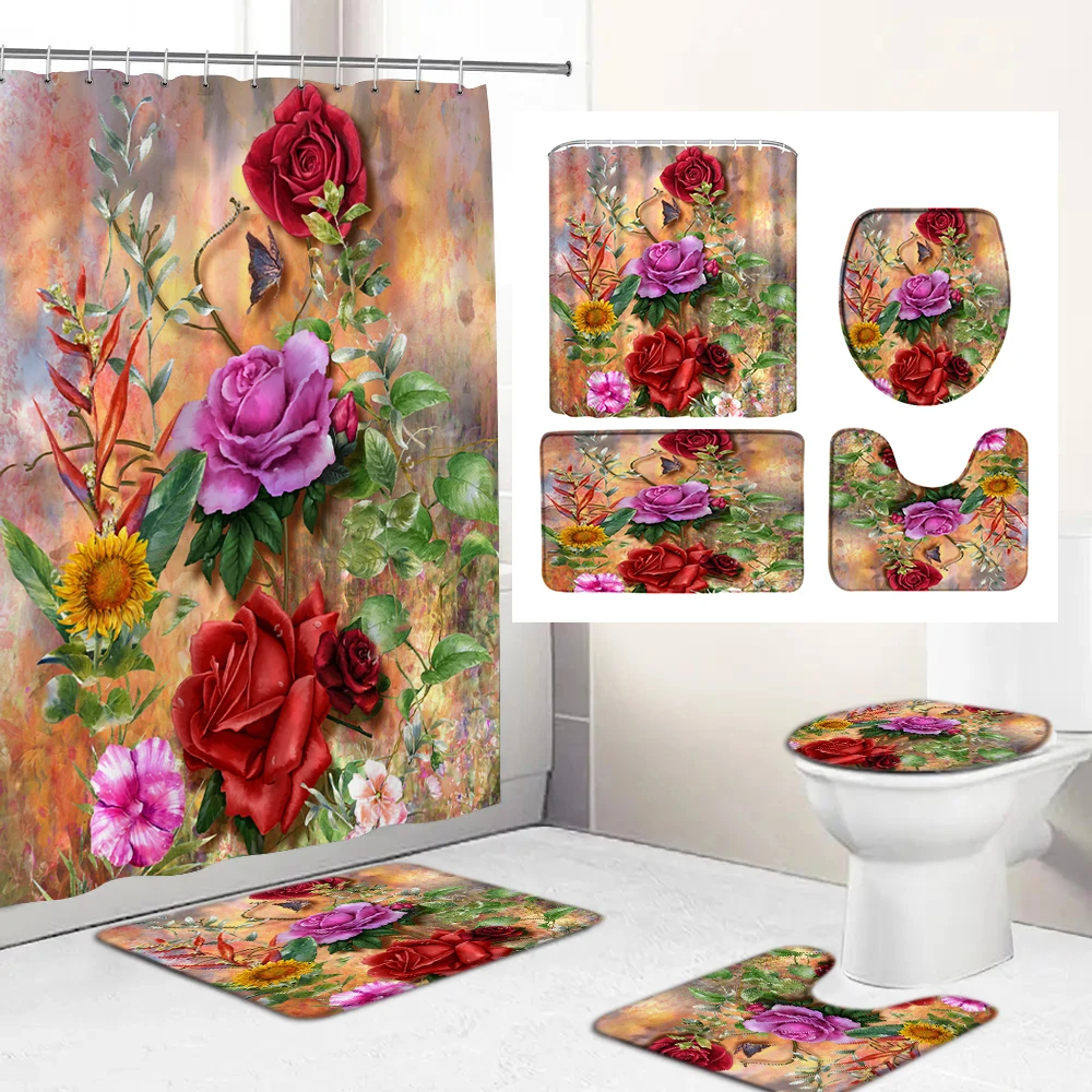 

Набор занавесок для душа с принтом бабочек, красных роз и цветов, Противоскользящие коврики, крышка для унитаза, коврик для ванной, занавеск...