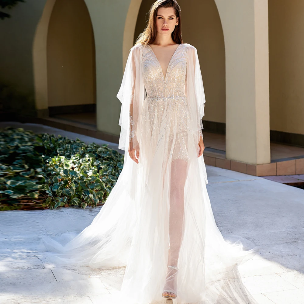 

Tulle Wedding Dresses For Bride V-Neck Long Sleeves Boho Bridal Gowns Lace Appliques Illusion Sequined Backless Vestido De Noiva