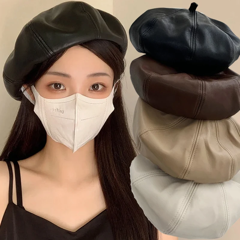 

French Autumn Winter Hats for Women Solid Plain Octagonal Newsboy Cap Men Ladies Casual PU Leather Hat Winter Beret Painter Cap