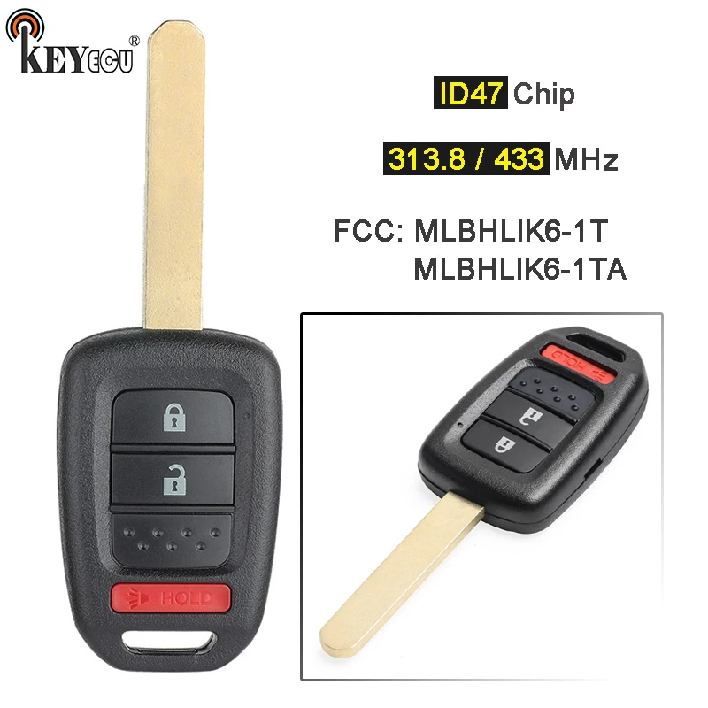 

KEYECU 313.8/ 433MHz ID47 Chip FCC: MLBHLIK6-1T / MLBHLIK6-1TA Replacement 2+1 3 Button Remote Key Fob for Honda Crosstour CR-V