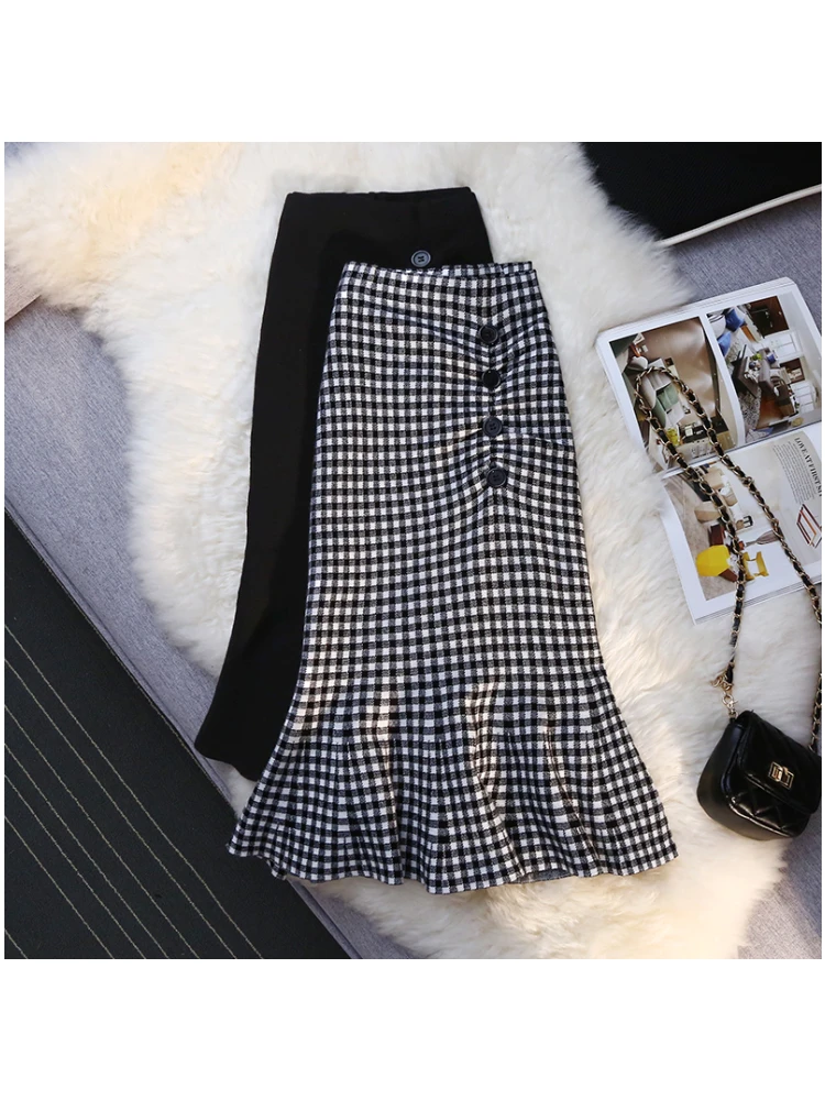 

Retro Plaid Knitted Skirt Women's Spring And Summer New High Waist Mid-length Irregular Bag Hip Fishtail Skirt Female