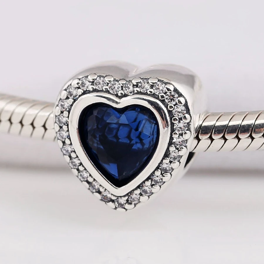 

Fits Europe Bracelet Authentic 925 Sterling Silver Sparkling Night Blue Love Heart Charm Beads for Women Jewelry Making