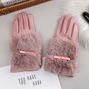 Fashion Women Warm Plush Bow Touch Screen Driving Gloves Winter Suede Leather Plus Velvet Full Finge