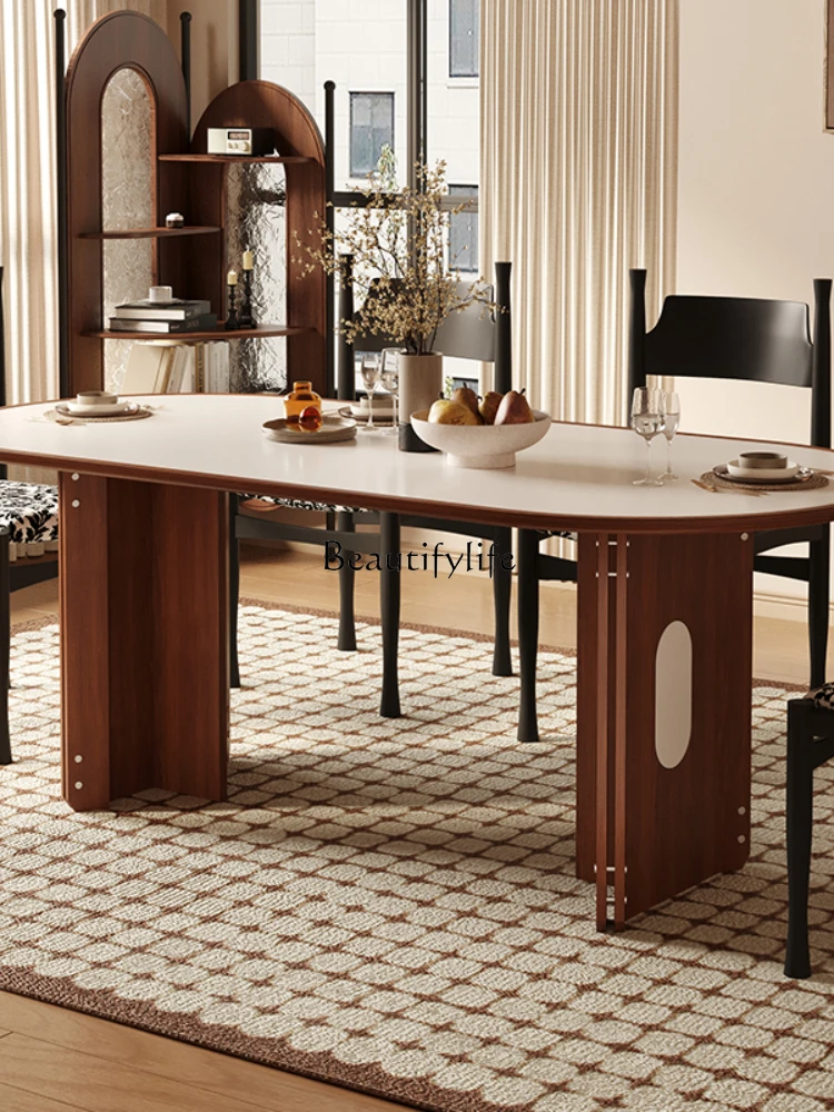 Овальный складной обеденный стол из каменной плиты в стиле ретро для небольшой