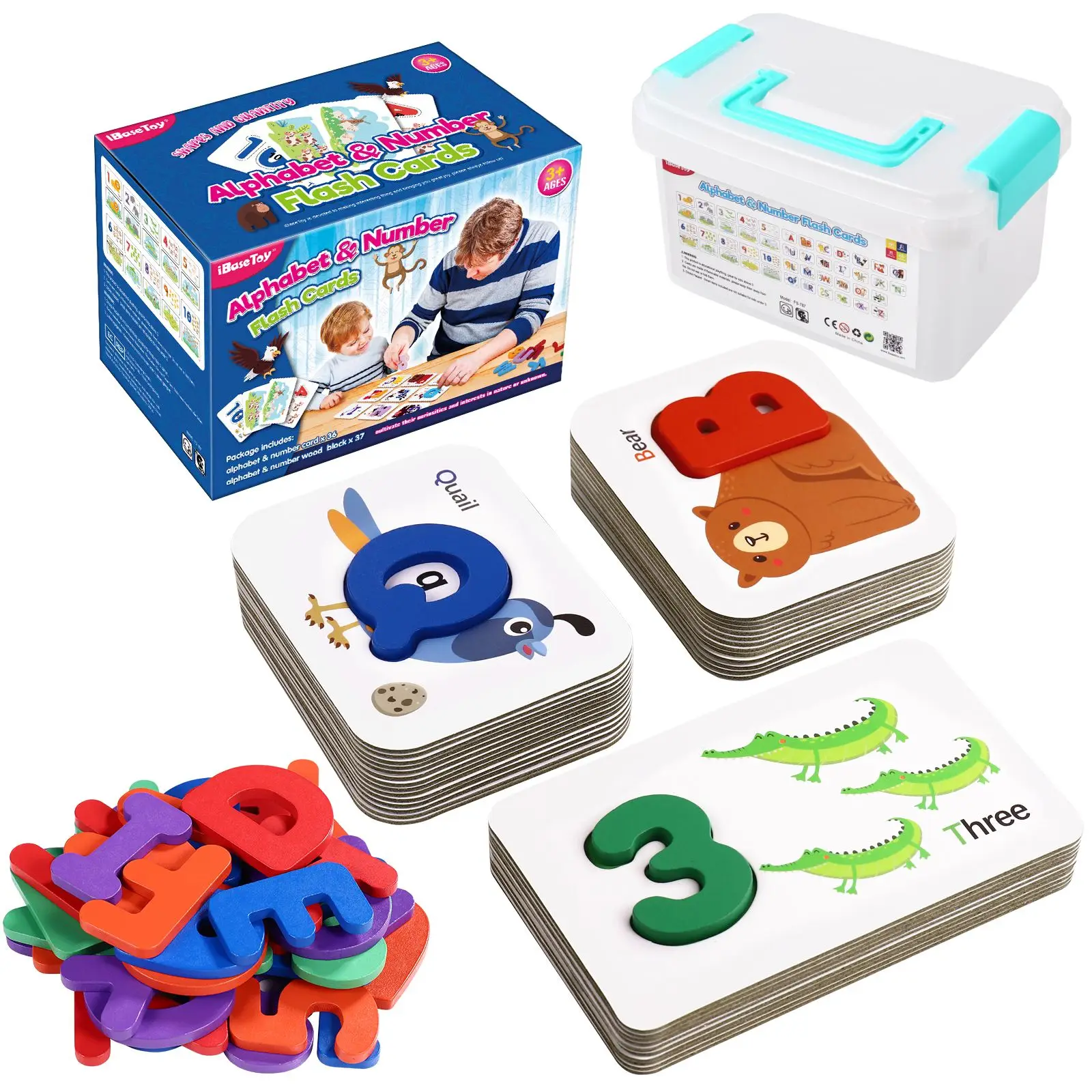 

iBaseToy Alphabet and Number Flash Cards Wood Blocks Spelling Words Learning Cards Toddlers Kids Early Education Plaything