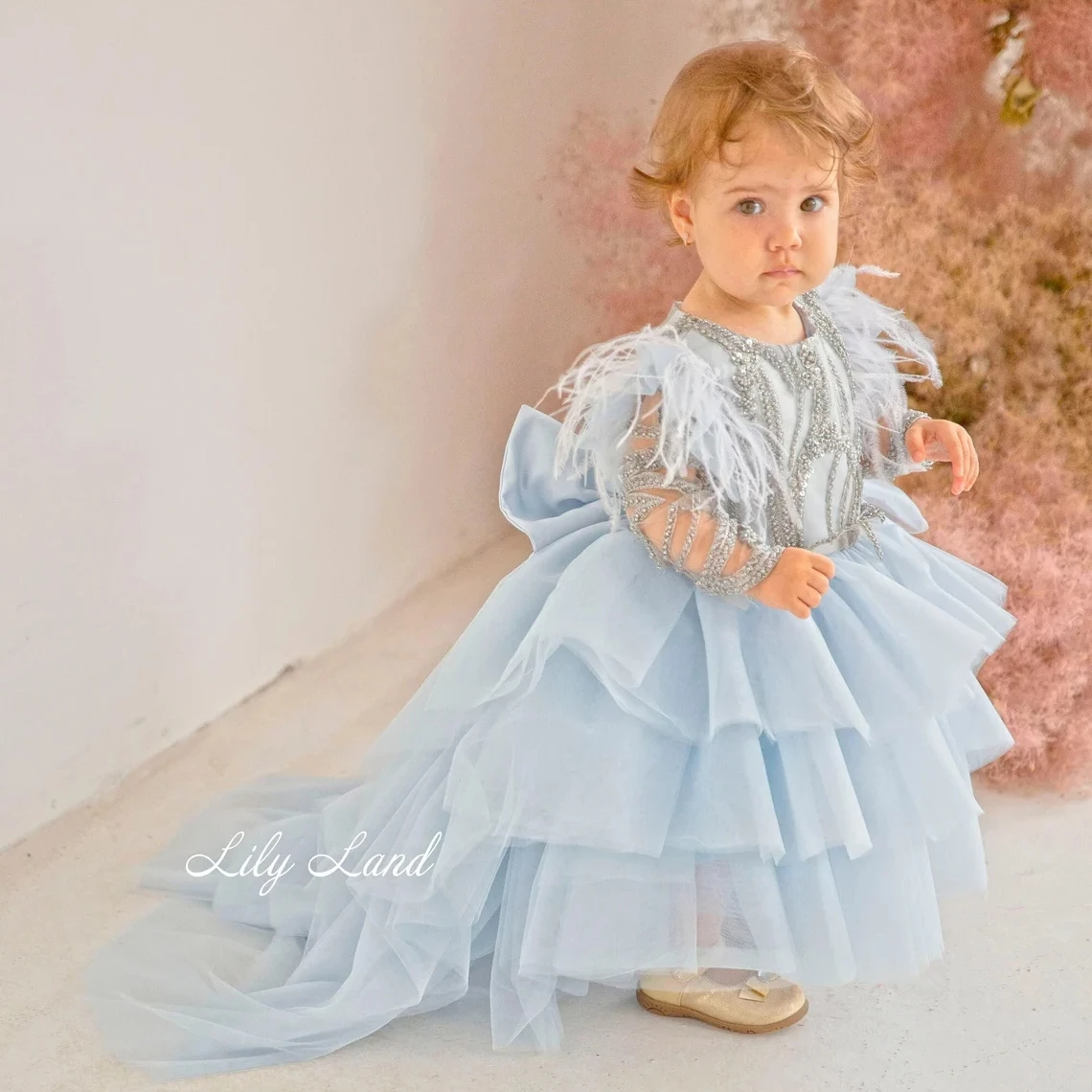 

Light Blue Toddler Baby Girl Dresses for Photo Shoot Beads Feathers Long Sleeves Birthday Gowns with Bow Long Train Kid Robes