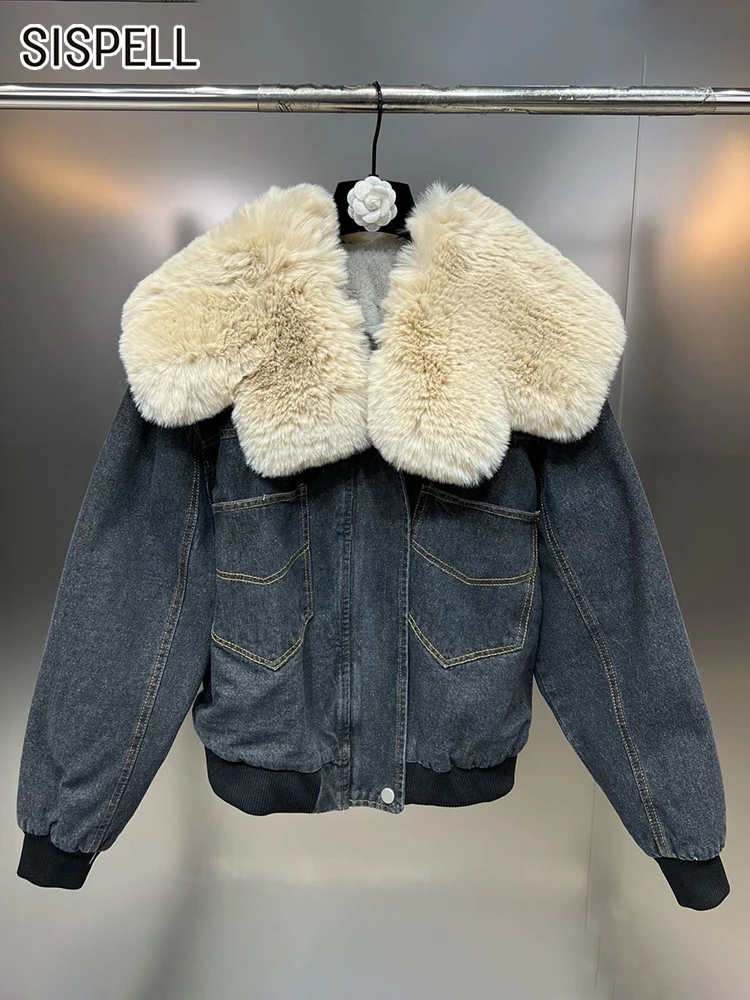 

SISPELL Hit Color Winter Coats For Women Lapel Long Sleeve Patchwork Feather Denim Loose Parkas Female Fashion Style 2022 New