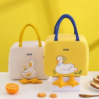 cute little yellow duck lunch bag portable insulated canvas cooler bag cartoon pattern thermal food picnic lunch bag for women