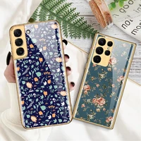 for samsung s22 ultra 5g tempered glass plating phone case for galaxy s22 plus flower painted gold camera lens protective cover