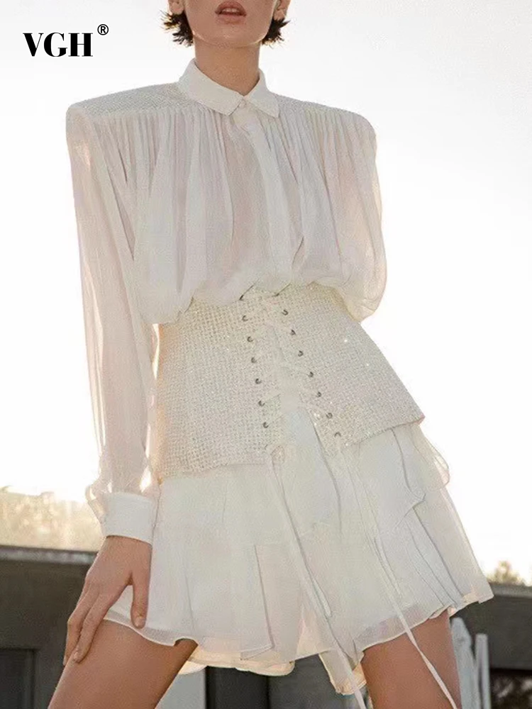 

VGH Casual Patchwork Ruffles Shirt Dress For Women Lapel Long Sleeve High Waist With Belt Mini Dresses Female New Style Clothing