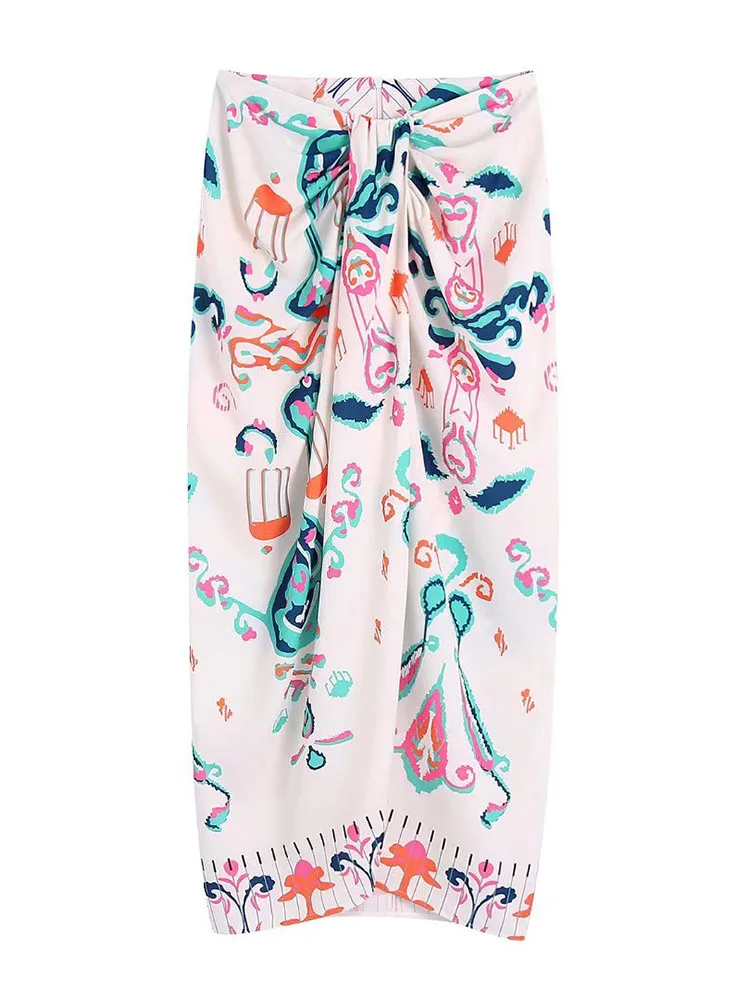 

YLJHQX 2022 New Summer Women Print Midi Dress Elegant Ladies Knot Bottom Slit Beach Skirt