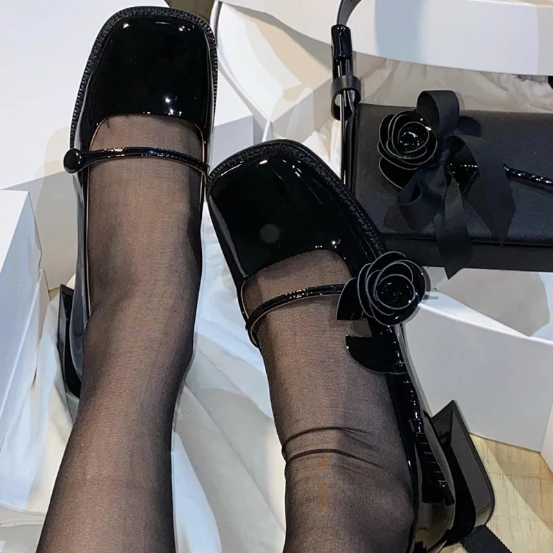 

2022 Spring New Women's Pumps Mid Heels Ladies Footwear Retro Rose Thick Bottom Square Head Fashion Mary Jane Shoes Woman