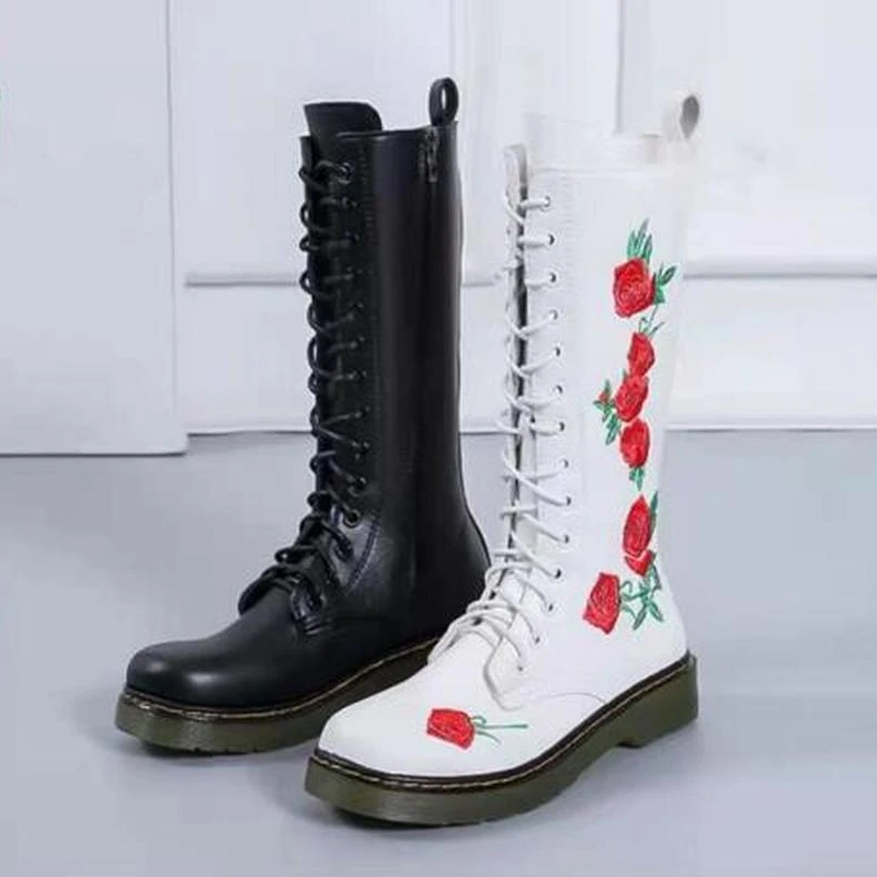 

BKQU Mid Calf Embroidered Embroidery Big Size Brand Women Winter Boots Genuine Leather Shoes Flower Handmade Flat High Heel