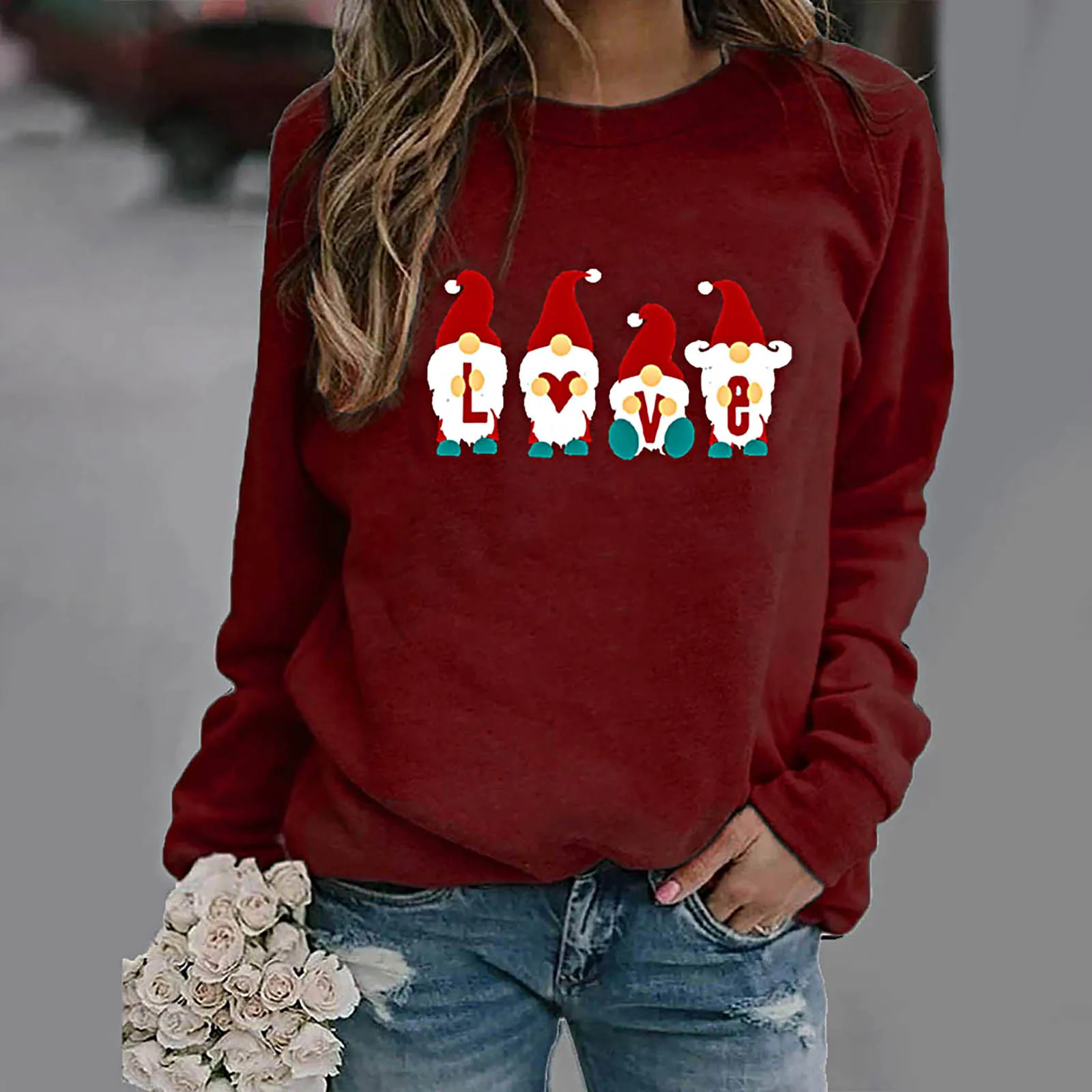 

Fleece Lined Running Hoodie Women Tops Women O-neck Blouse Christmas Sleeves Sweater Long Fashion Print Asymmetrical Knit Jacket