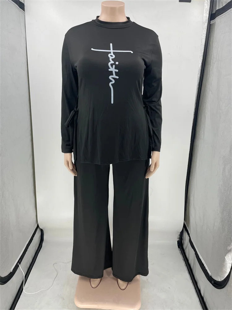 Plus Size Women Clothing Two Piece Set Faith Printed Fall Casual Loose Slip Top and Pants Wide Leg Who 3xl 4xl 5xl 6xl