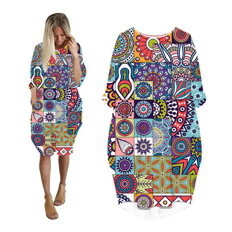 

Женские платья с карманами и принтом мандалы, уличная мода, женская одежда с длинным рукавом, Одежда большого размера, женское платье оверса...