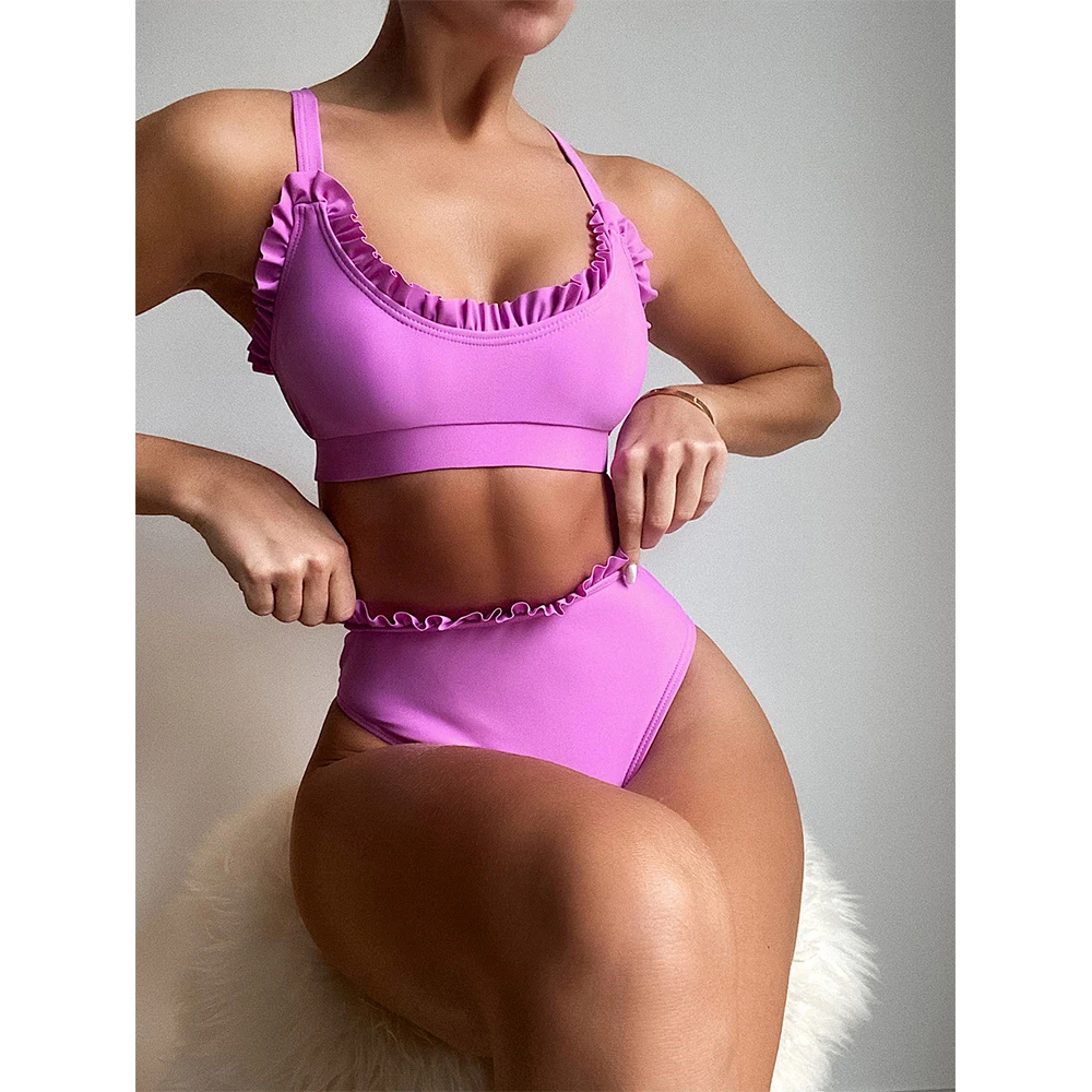 

2022 Summer Women's Bikini Set Sexy New One-piece Ruffled White Swimsuit Split Two-piece Solid Color High-quality Swimwear