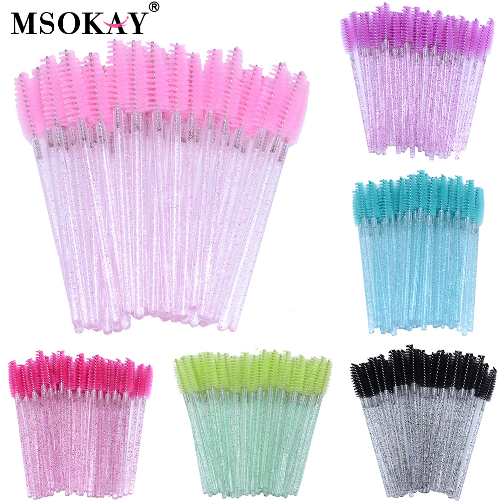 

MSOKAY 50pcs Colorful Shining Eyelash Extension Mascara Wand Pink White Glitter Eye Lash Brushes Curl Lash Spoolies Makeup Tool