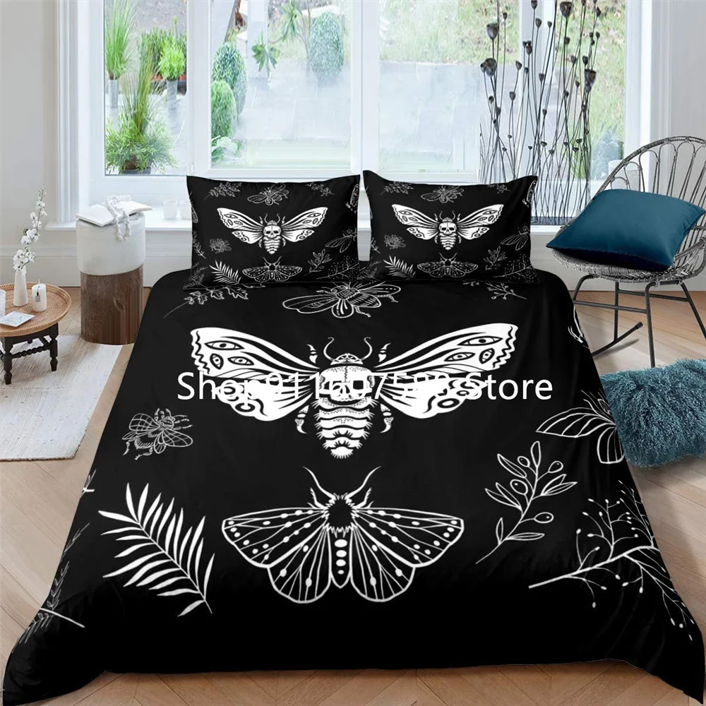 

2/3pcs Moon Stars Luxury Home Textiles Black Death Moth Bedding Set Gothic Skull Duvet Cover Set Butterfly Bedclothes