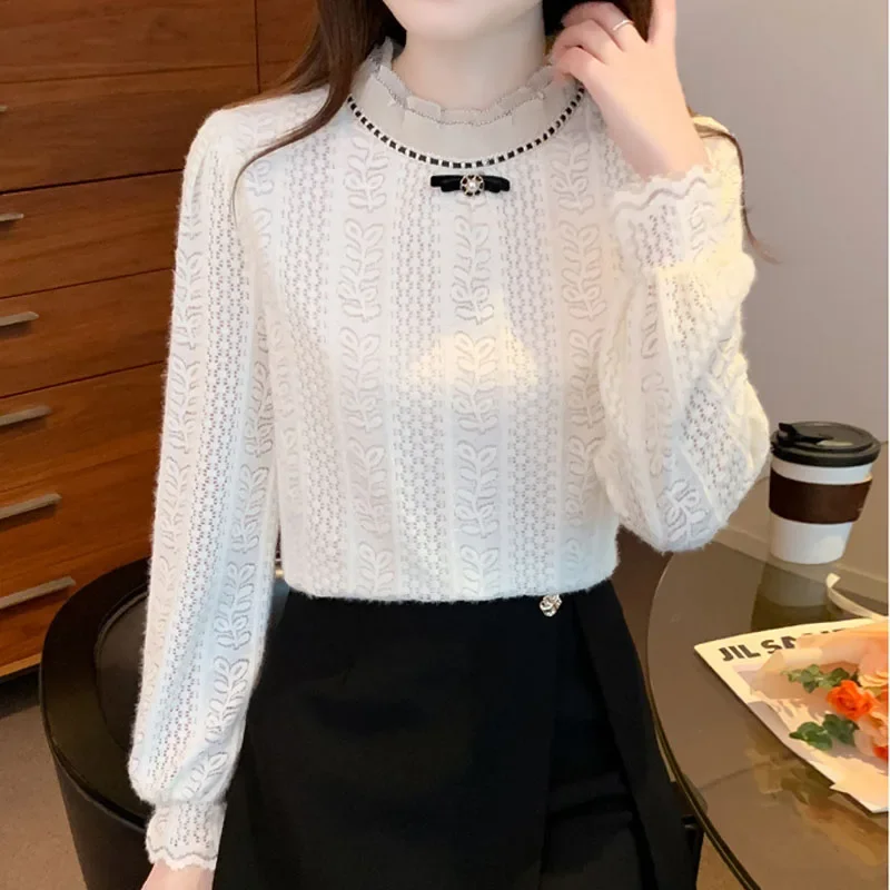 Новая женская блузка с длинным рукавом и рюшами кружевная бантом рубашка женские