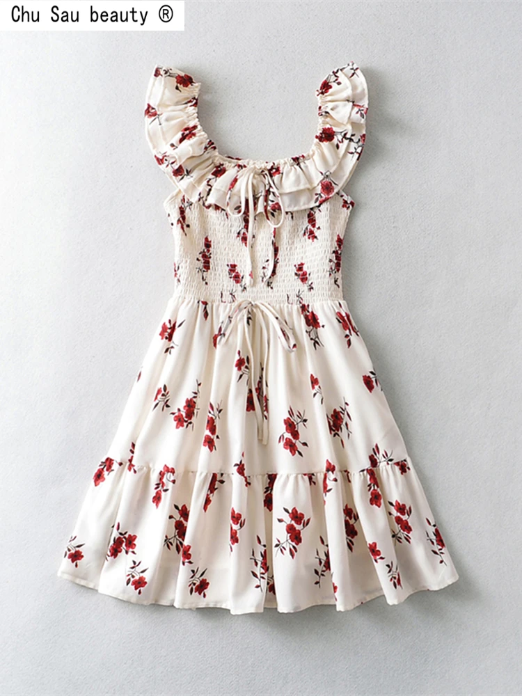 

Женское винтажное Хлопковое платье, элегантное облегающее платье во французском стиле с цветочным принтом и оборками, с воротником-лодочкой, лето 2022