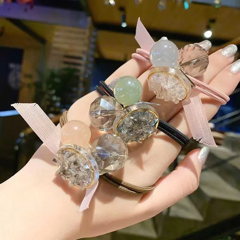 

Women Elastic Hair Bands Hair Tie Girl Acrylic Crystal Beads Bow knot Korean Hair Accessories Handmade Head Bands Wholesale