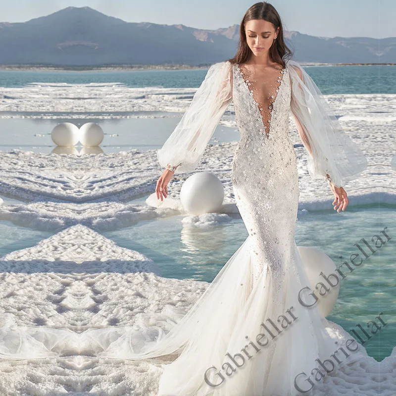 

Gabriellar Mermaid Wedding Dress SCOOP Tulle Puffy-Sleeve Buttons Exquisite Appliques Mopping Gown Vestido De Novia 2022 Women
