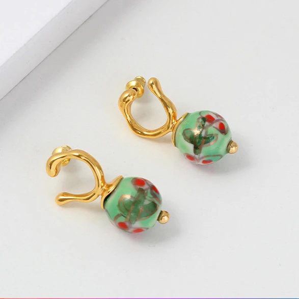 

European and American retro French temperament ceramic enamel earrings color small ball earrings